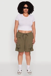 Womens Plus High Waisted Nylon Cargo Shorts with Drawstring, 2X