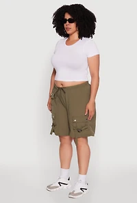 Womens Plus High Waisted Nylon Cargo Shorts with Drawstring, 2X
