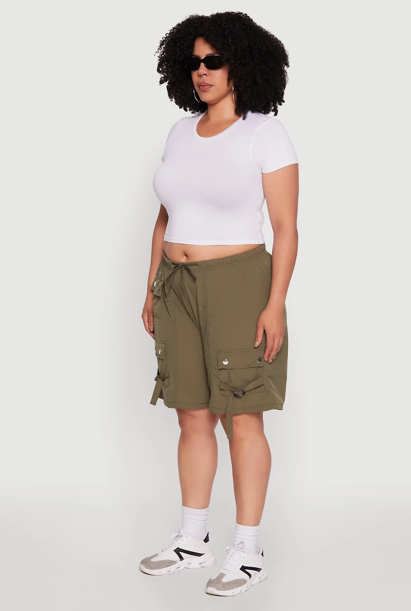 Womens Plus Size High Waisted Nylon Cargo Shorts with Drawstring, Green, Size 1X
