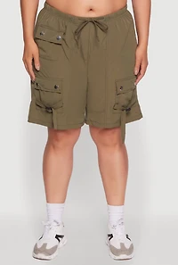 Womens Plus High Waisted Nylon Cargo Shorts with Drawstring, 2X