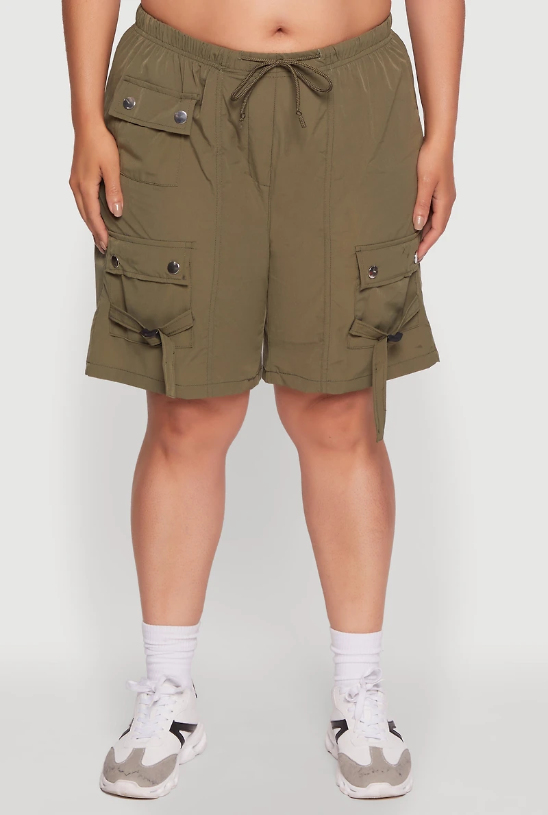 Womens Plus Size High Waisted Nylon Cargo Shorts with Drawstring, Green, Size 1X
