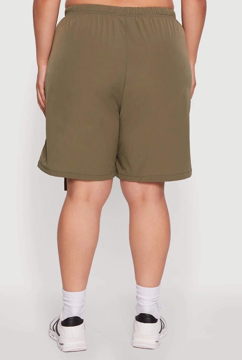 Womens Plus Size High Waisted Nylon Cargo Shorts with Drawstring, Green, Size 1X