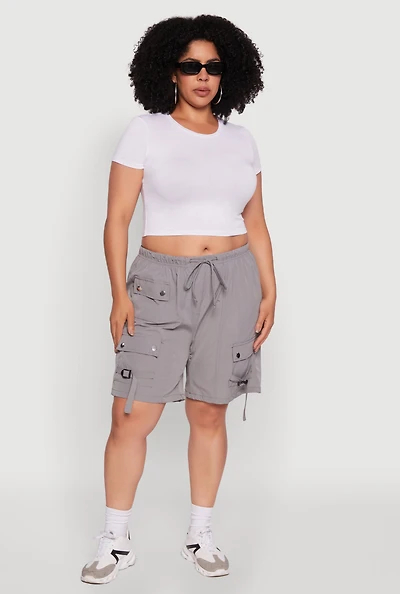 Womens Plus Size High Waisted Nylon Cargo Shorts with Drawstring, Grey, Size 3X