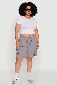 Womens Plus Size High Waisted Nylon Cargo Shorts with Drawstring, Grey, Size 3X