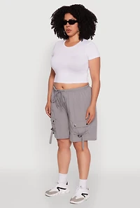 Womens Plus Size High Waisted Nylon Cargo Shorts with Drawstring, Grey, Size 3X