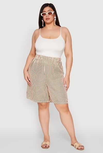 Womens Plus Size Striped Seersucker Bermuda Shorts, Khaki, Size 2X