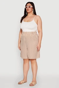 Womens Plus Size Striped Seersucker Bermuda Shorts, Khaki, Size 2X
