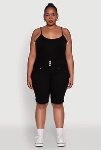 Womens Plus Size Trendy Snatched High Waist Bermuda Shorts with Faux Buttons, Black, Size 3X