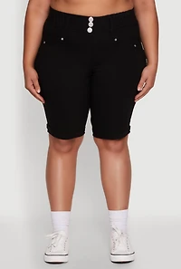 Womens Plus Size Trendy Snatched High Waist Bermuda Shorts with Faux Buttons, Black, Size 3X