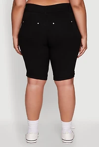 Womens Plus Size Trendy Snatched High Waist Bermuda Shorts with Faux Buttons, Black, Size 3X