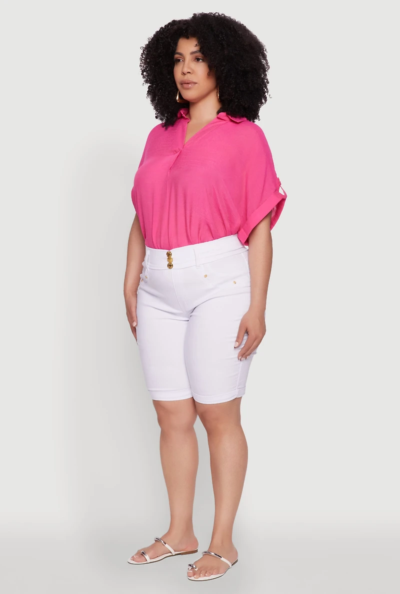 Womens Plus Size Trendy Snatched High Waist Bermuda Shorts with Faux Buttons, White, Size 3X
