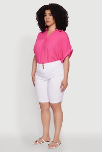 Womens Plus Size Trendy Snatched High Waist Bermuda Shorts with Faux Buttons, White, Size 3X