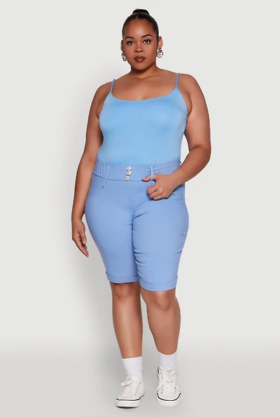 Womens Plus Trendy Snatched High Waist Bermuda Shorts with Faux Buttons,