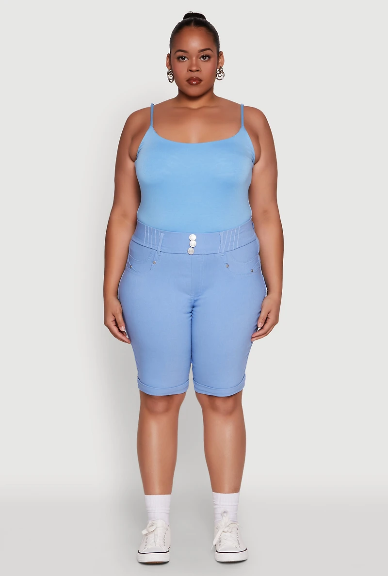 Womens Plus Size Trendy Snatched High Waist Bermuda Shorts with Faux Buttons, Blue, Size 3X