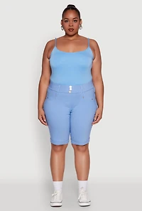 Womens Plus Size Trendy Snatched High Waist Bermuda Shorts with Faux Buttons, Blue, Size 3X