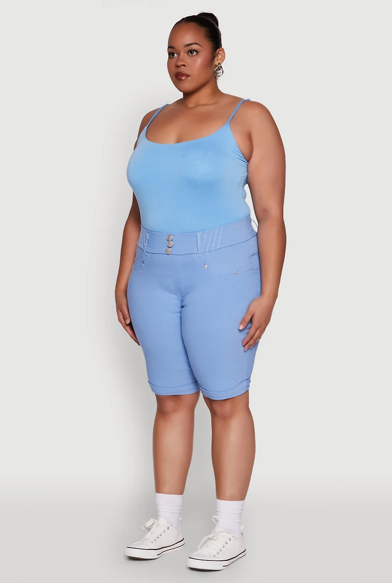 Womens Plus Size Trendy Snatched High Waist Bermuda Shorts with Faux Buttons, Blue, Size 3X