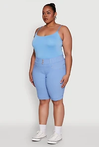 Womens Plus Size Trendy Snatched High Waist Bermuda Shorts with Faux Buttons, Blue, Size 3X