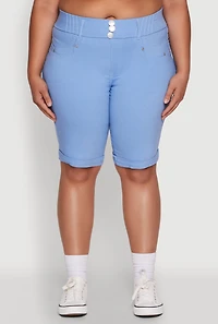 Womens Plus Trendy Snatched High Waist Bermuda Shorts with Faux Buttons, 3X