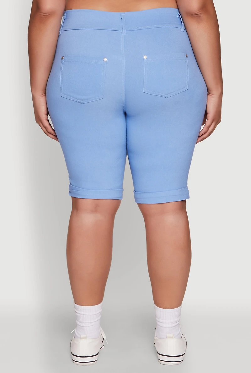 Womens Plus Size Trendy Snatched High Waist Bermuda Shorts with Faux Buttons, Blue, Size 3X