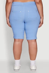 Womens Plus Size Trendy Snatched High Waist Bermuda Shorts with Faux Buttons, Blue, Size 3X