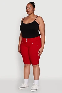 Womens Plus Trendy Snatched High Waist Bermuda Shorts with Faux Buttons, Red,