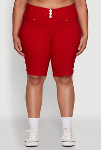 Womens Plus Trendy Snatched High Waist Bermuda Shorts with Faux Buttons, Red,