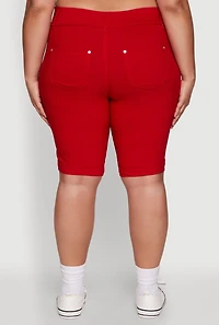Womens Plus Trendy Snatched High Waist Bermuda Shorts with Faux Buttons, Red,