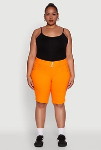 Womens Plus Size Trendy Snatched High Waist Bermuda Shorts with Faux Buttons, Orange, Size 2X