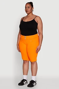 Womens Plus Size Trendy Snatched High Waist Bermuda Shorts with Faux Buttons, Orange, Size 2X