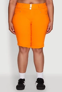 Womens Plus Trendy Snatched High Waist Bermuda Shorts with Faux Buttons, 2X