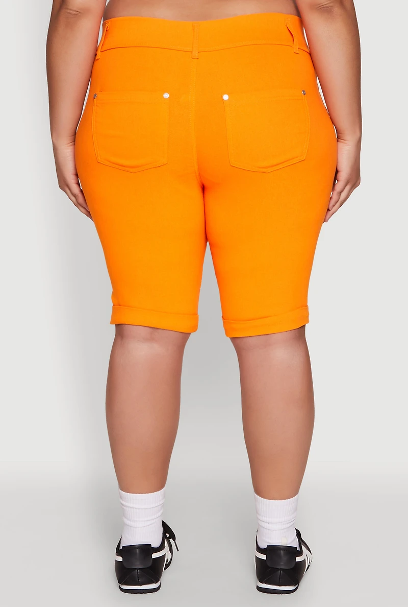 Womens Plus Size Trendy Snatched High Waist Bermuda Shorts with Faux Buttons, Orange, Size 2X