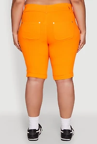 Womens Plus Size Trendy Snatched High Waist Bermuda Shorts with Faux Buttons, Orange, Size 2X