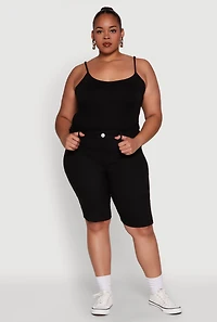 Womens Plus Stylish Snatched High Waist Bermuda Shorts with Faux Buttons,
