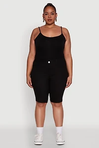 Womens Plus Size Stylish Snatched High Waist Bermuda Shorts with Faux Buttons, Black, Size 3X