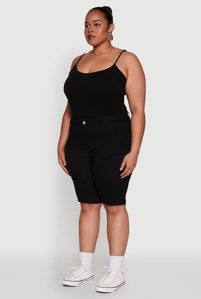 Womens Plus Size Stylish Snatched High Waist Bermuda Shorts with Faux Buttons, Black, Size 3X