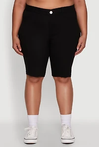 Plus Stylish Snatched High Waist Bermuda Shorts with Faux Buttons