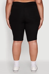 Womens Plus Size Stylish Snatched High Waist Bermuda Shorts with Faux Buttons, Black, Size 3X