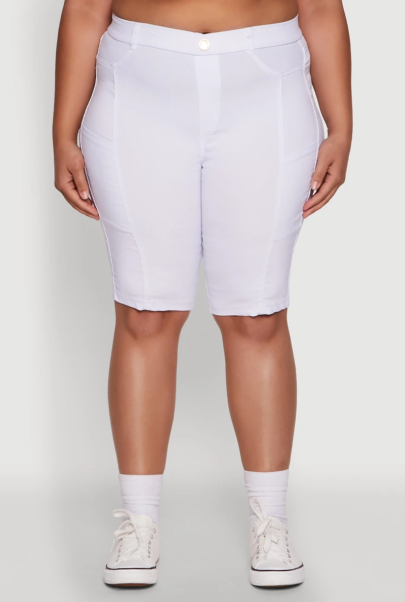 Plus Stylish Snatched High Waist Bermuda Shorts with Faux Buttons