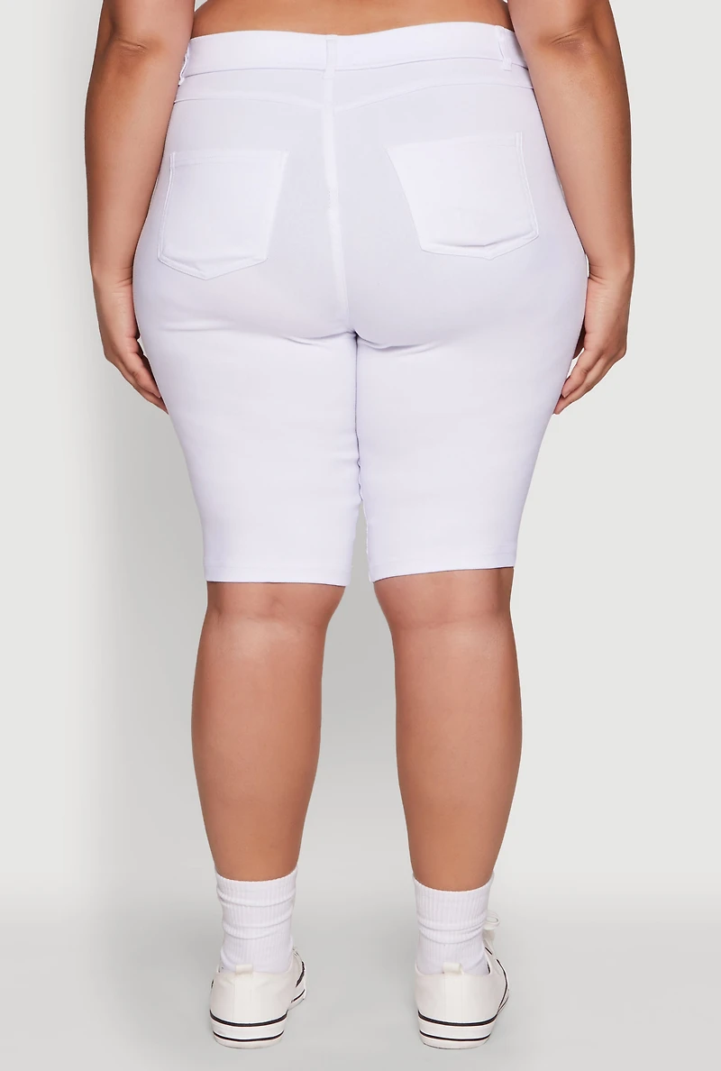 Plus Stylish Snatched High Waist Bermuda Shorts with Faux Buttons