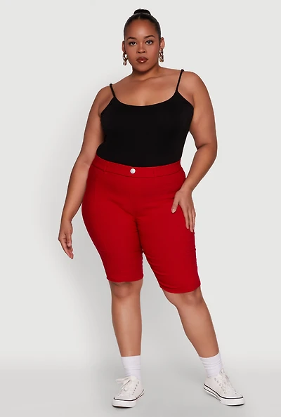 Womens Plus Stylish Snatched High Waist Bermuda Shorts with Faux Buttons, Red,