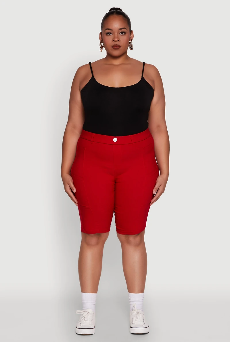 Womens Plus Stylish Snatched High Waist Bermuda Shorts with Faux Buttons, Red,