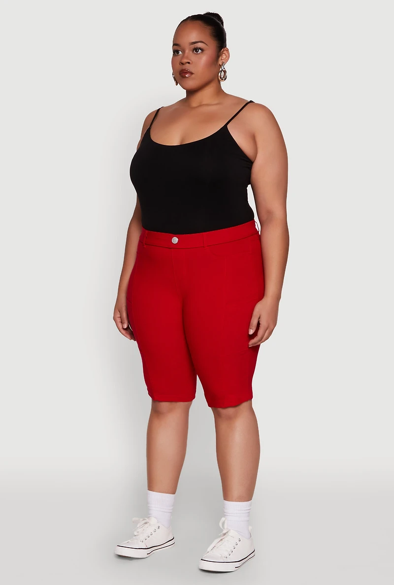 Womens Plus Stylish Snatched High Waist Bermuda Shorts with Faux Buttons, Red,