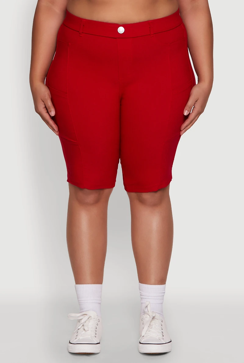 Womens Plus Stylish Snatched High Waist Bermuda Shorts with Faux Buttons, Red,