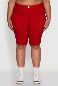 Womens Plus Stylish Snatched High Waist Bermuda Shorts with Faux Buttons, Red,