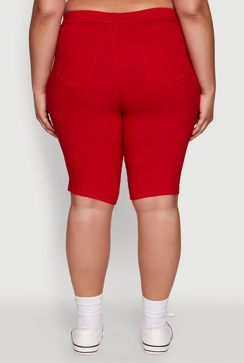 Womens Plus Stylish Snatched High Waist Bermuda Shorts with Faux Buttons, Red,