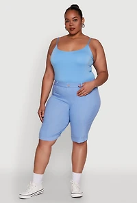 Womens Plus Size Stylish Snatched High Waist Bermuda Shorts with Faux Buttons, Blue, Size 1X