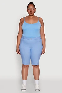 Womens Plus Size Stylish Snatched High Waist Bermuda Shorts with Faux Buttons, Blue, Size 1X