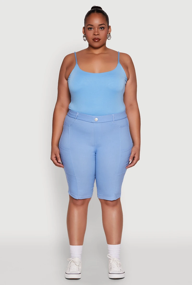 Womens Plus Size Stylish Snatched High Waist Bermuda Shorts with Faux Buttons, Blue, Size 3X