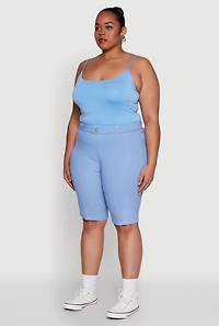 Womens Plus Size Stylish Snatched High Waist Bermuda Shorts with Faux Buttons, Blue, Size 3X