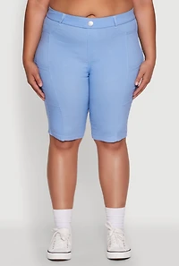Womens Plus Size Stylish Snatched High Waist Bermuda Shorts with Faux Buttons, Blue, Size 1X